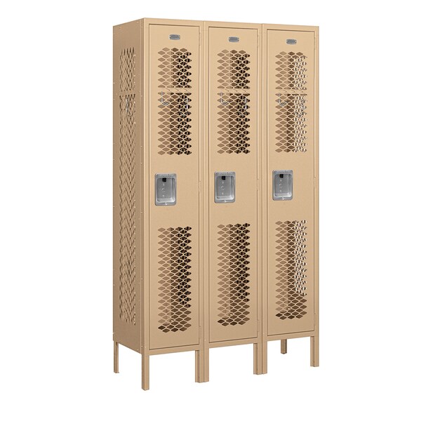 1 Tier Vented Locker, 36"Wx66"Hx12"D, 3 Door, Tan, Unassembled